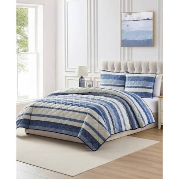Seventh Studio Blue Stripe Pinsonic Quilt Set Twin Microfiber $50 - Picture 2 of 5